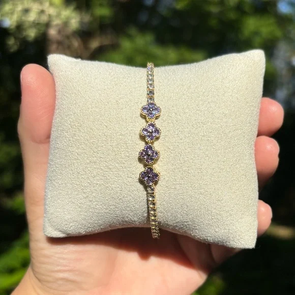 18K Gold Plated Stainless Steel Lilac Purple Diamond Flower Bracelet - Picture 4 of 5